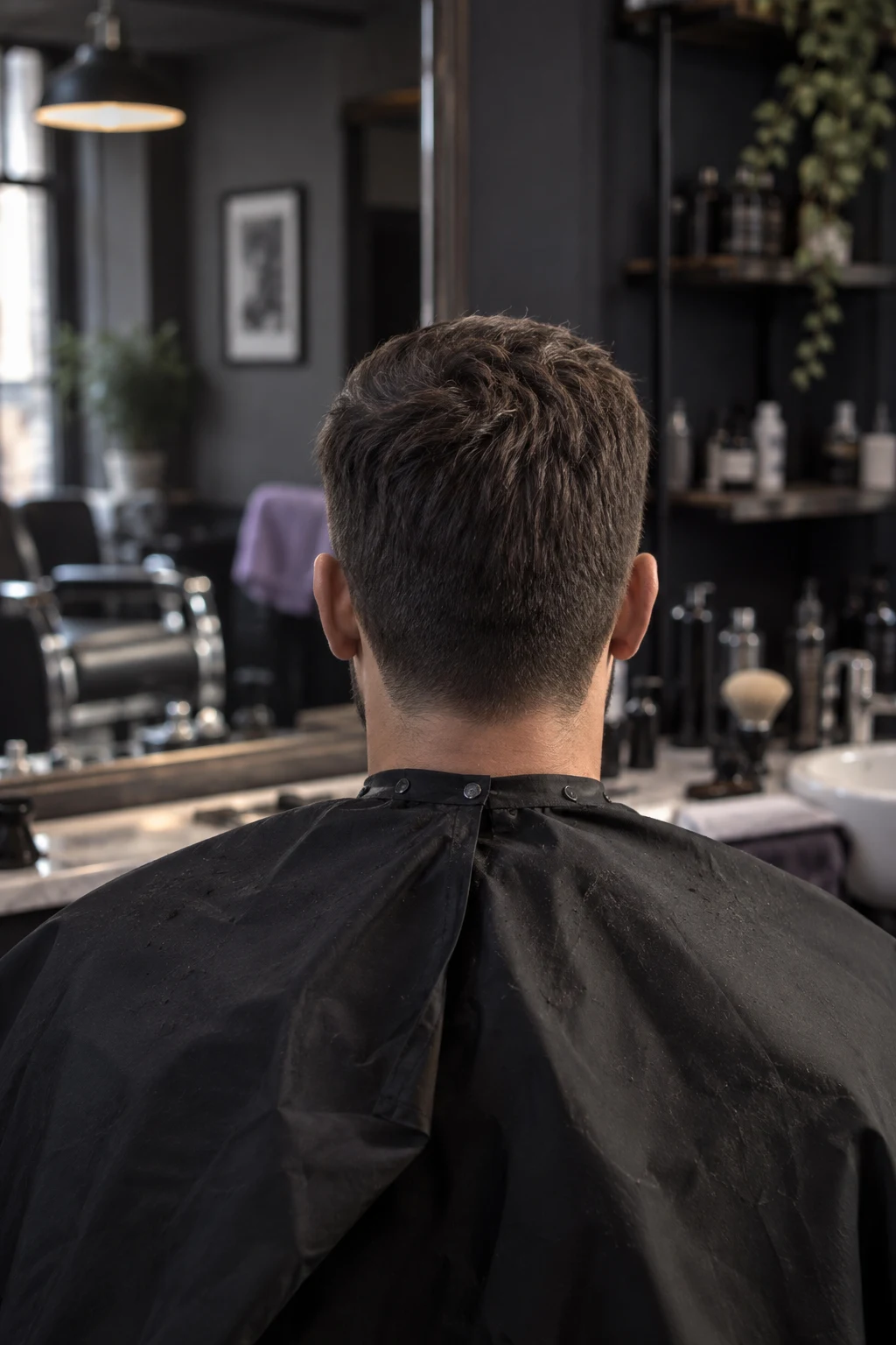 Illustrative adult with a classic short haircut, viewed from behind