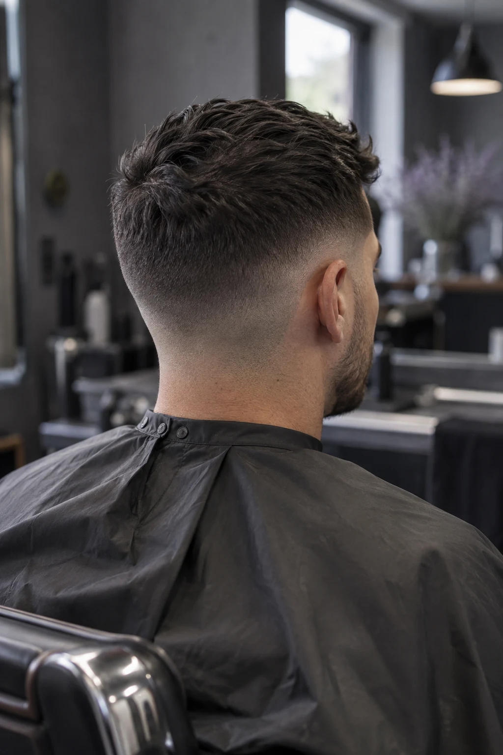 Illustrative adult fade haircut, viewed from behind