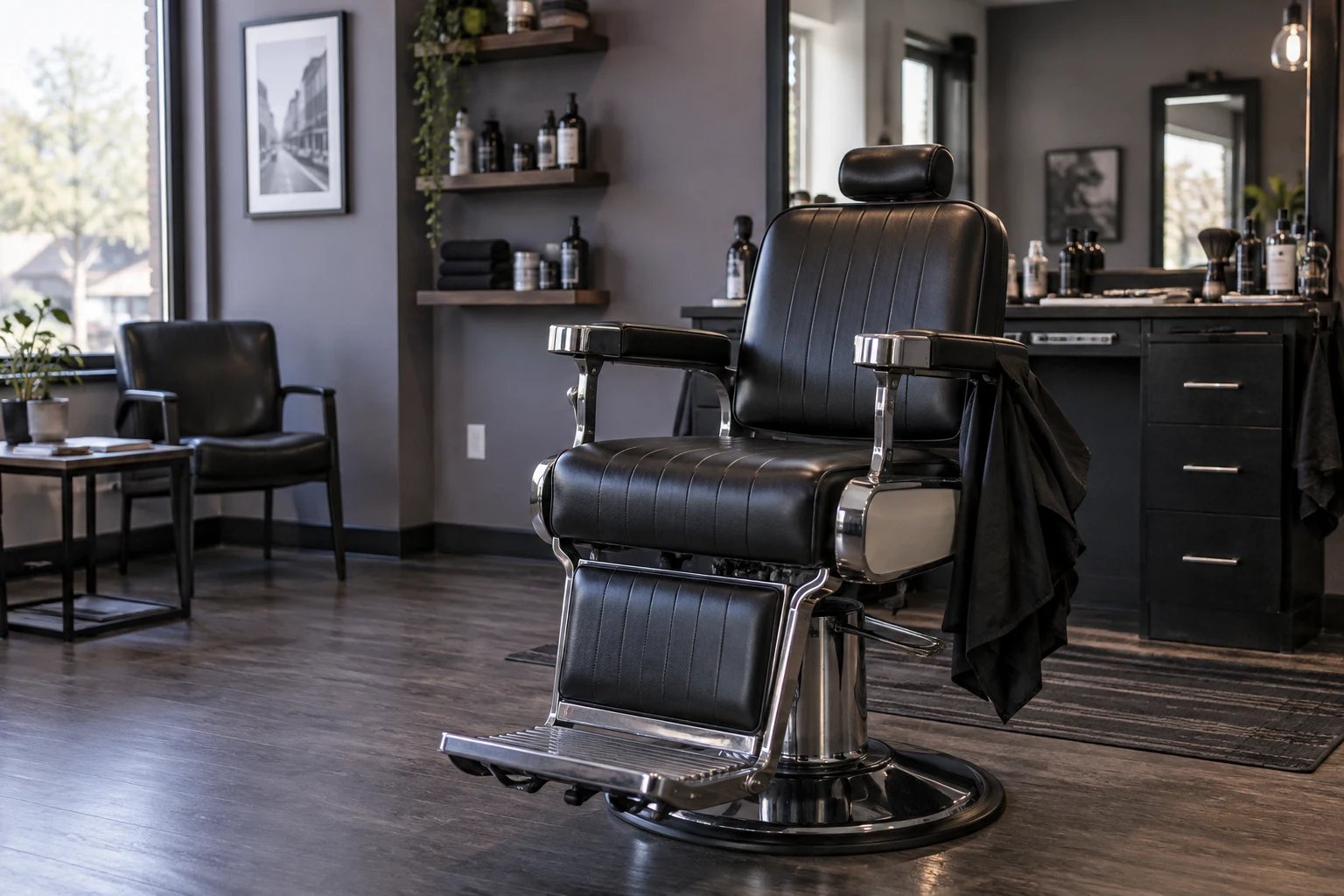 Illustrative black barber chair in a fictional interior