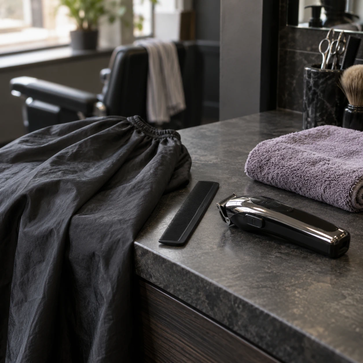 Illustrative barber tools and a lavender towel
