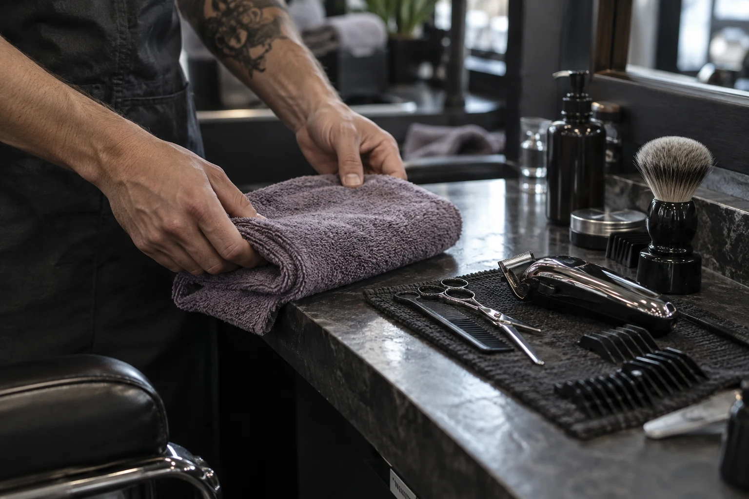 Illustrative hands arranging towels and barber tools